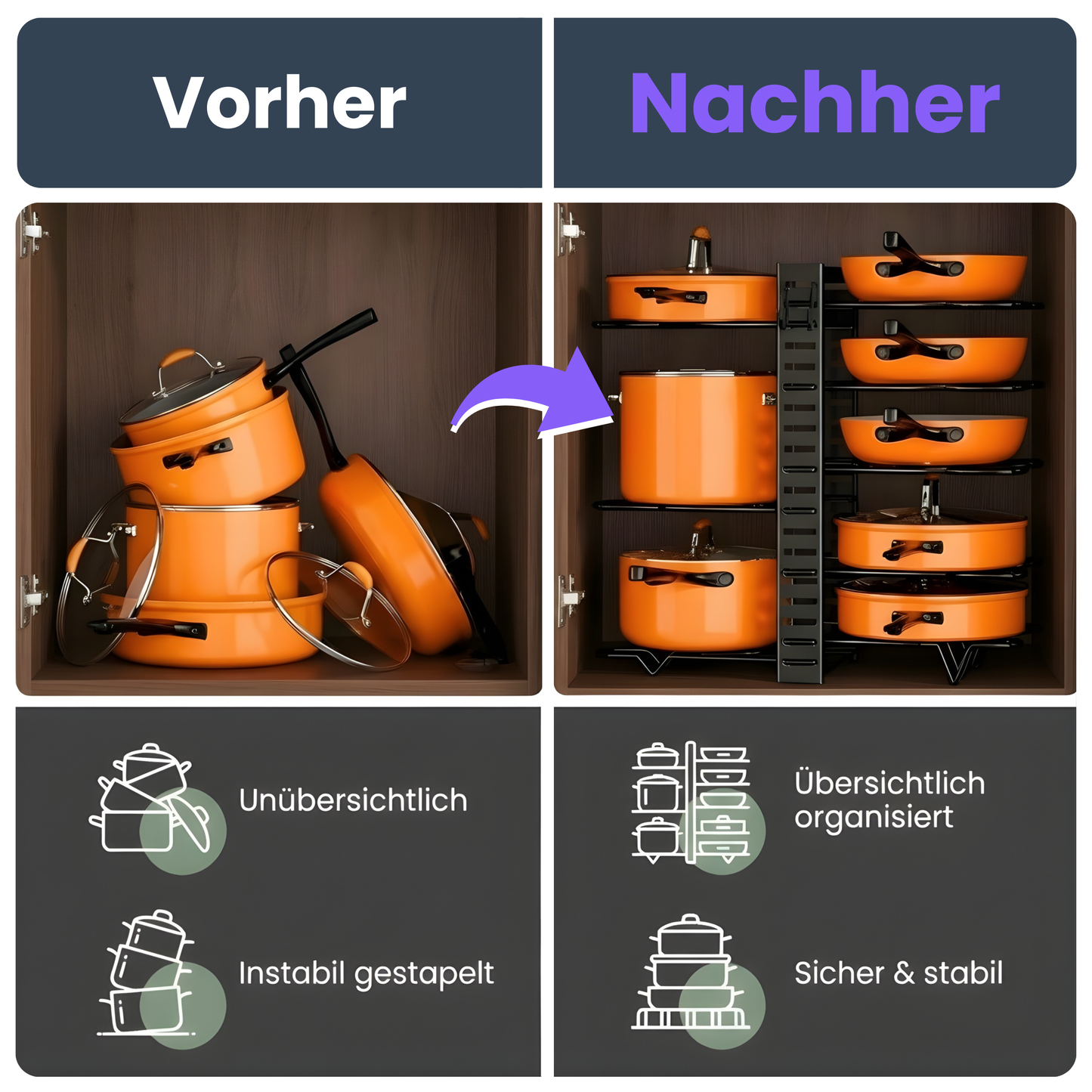 8-stufiger Pfannenständer-Organizer – Maximale Ordnung für Töpfe & Pfannen