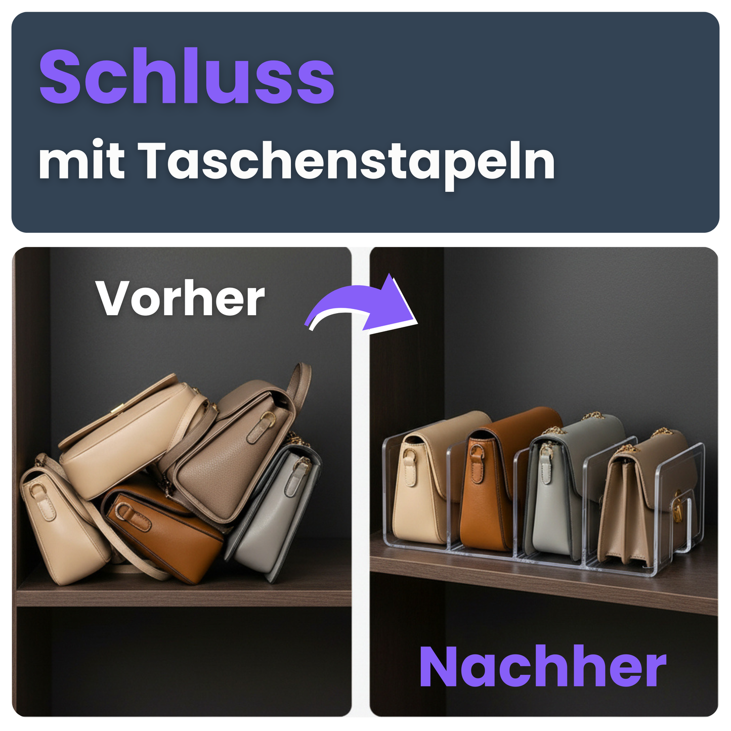 Handtaschen-Organizer mit 4 Fächern – Aufrecht, sichtbar & perfekt sortiert